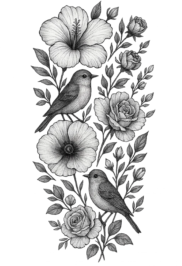 Tattoovorlage mit Vögeln und Blumen für den Oberschenkel