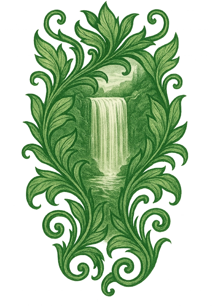 Tattoovorlage mit Wasserfall und grünen Blättern