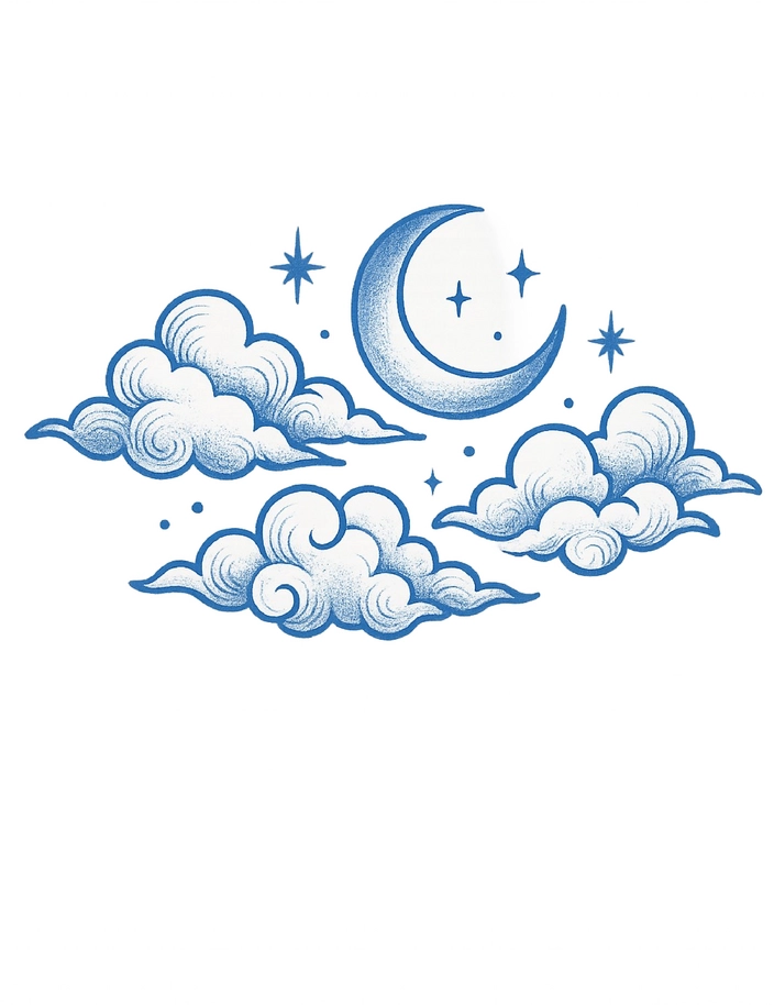 Tattoovorlage mit stilisierten Wolken, Mond und Sternen in Blau