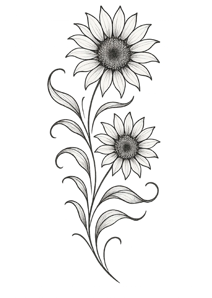 Tattoovorlage mit zarten Sonnenblumen und geschwungenen Blättern