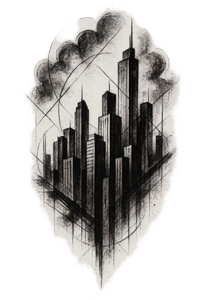 Tattoovorlage für moderne Stadtlandschaft im Schwarz-Weiß-Stil