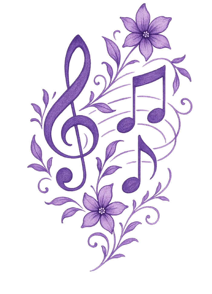 Tattoovorlage mit Musiknoten und floralen Akzenten in Violett