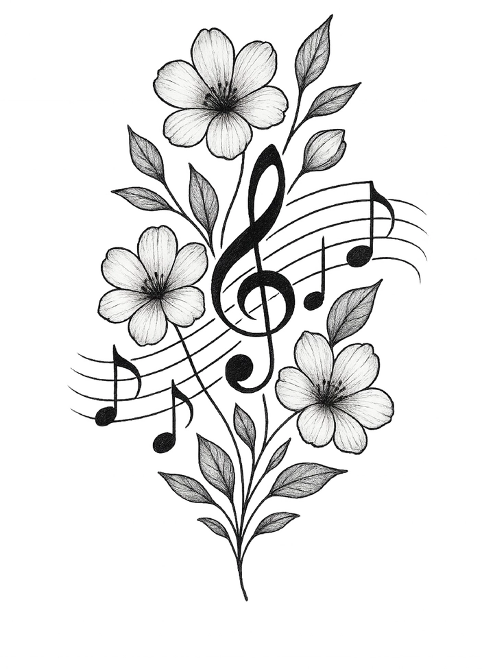 Tattoovorlage mit Musiknoten und Blumen für den Nacken