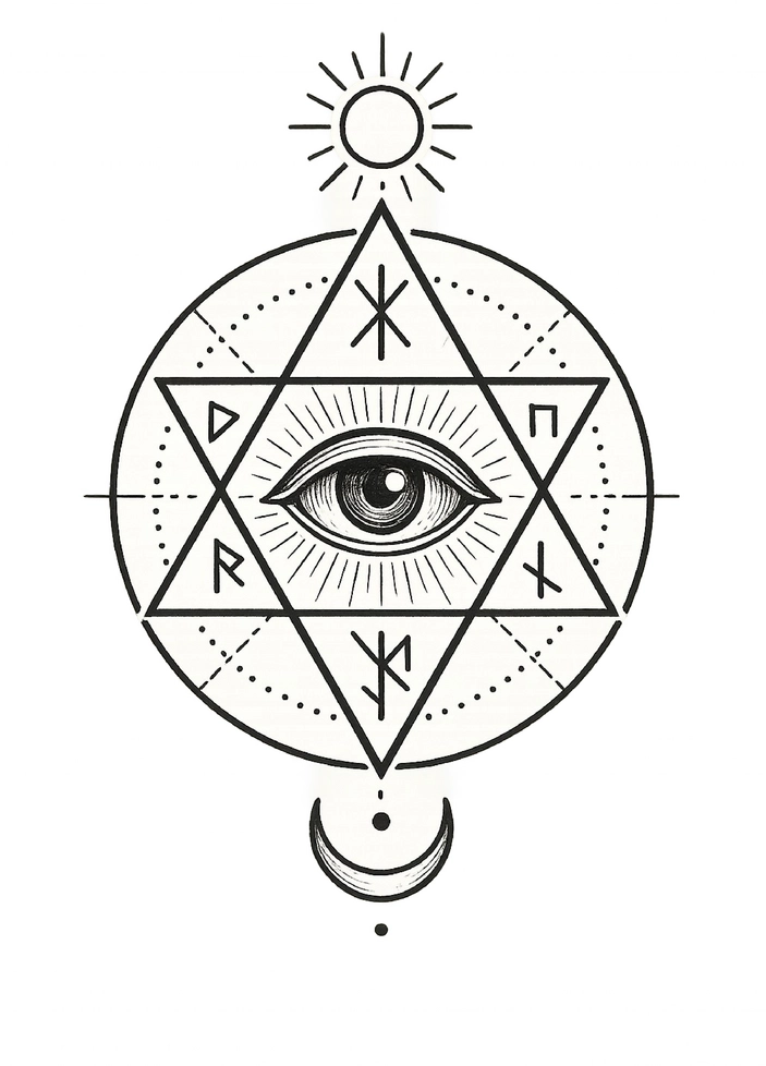 Tattoovorlage mit mystischen Symbolen und allsehendem Auge