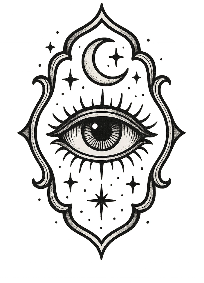 Tattoovorlage mit mystischem Auge, Mond und Sternen