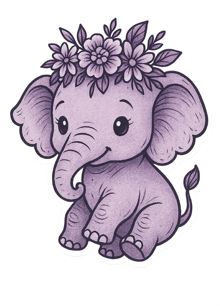 Tattoovorlage niedlicher Elefant mit Blumenkranz