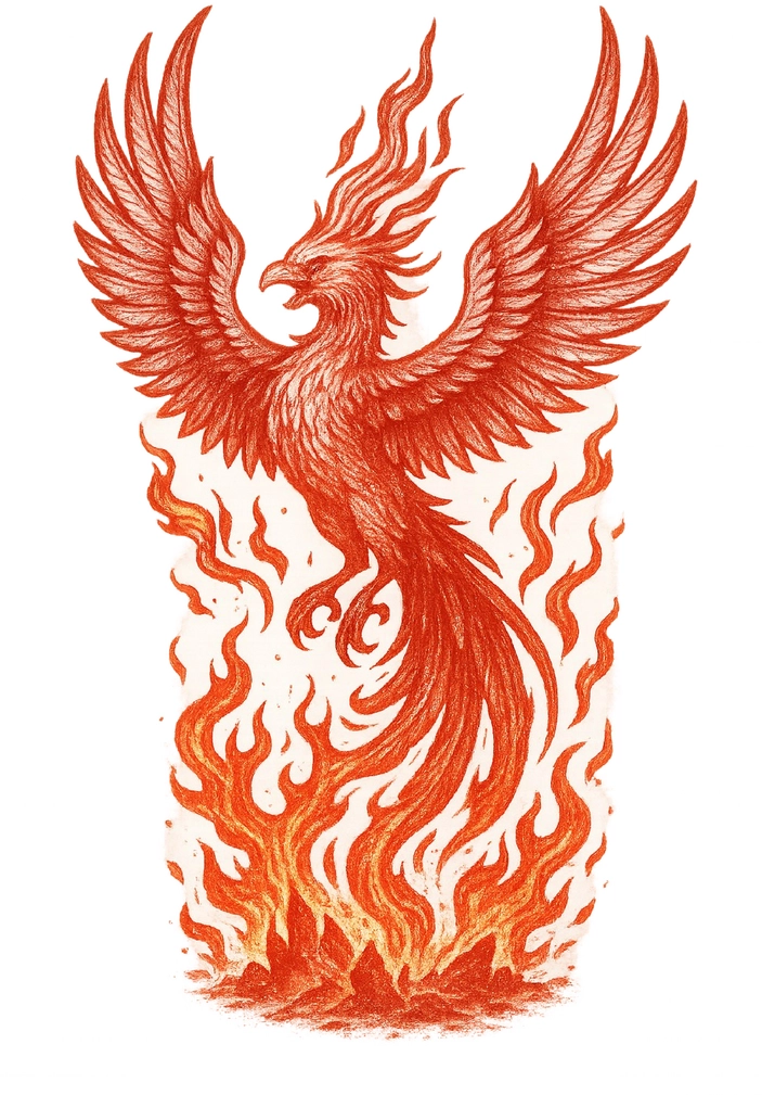 Tattoovorlage Phoenix aus der Asche mit feurigen Details