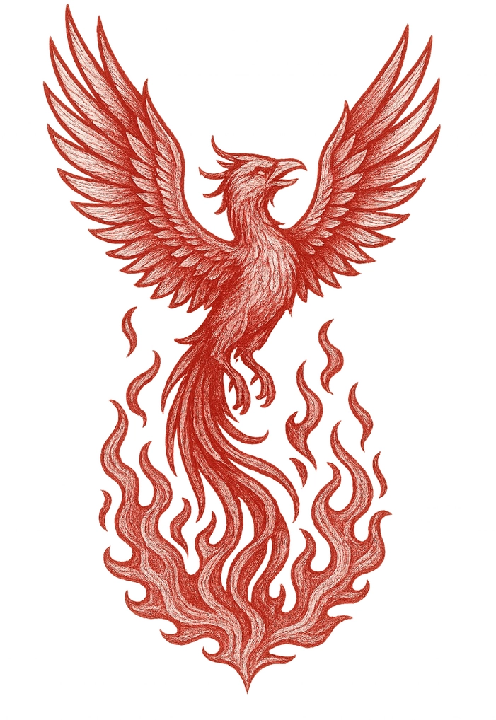 Tattoovorlage Phoenix mit lodernden Flammen für Rippen und Hüfte