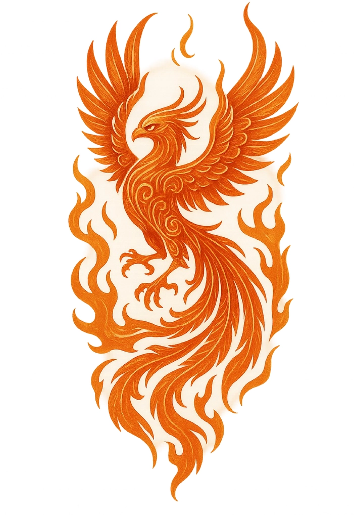 Tattoovorlage Phoenix mit Flammen und lebhaften Farben
