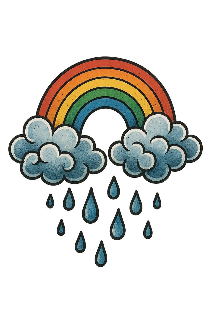 Tattoovorlage Regenbogen mit Wolken und Regentropfen