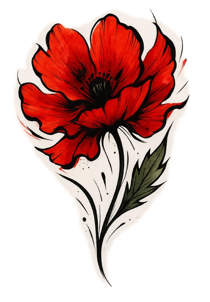Tattoovorlage rote Mohnblume mit dynamischen Blättern