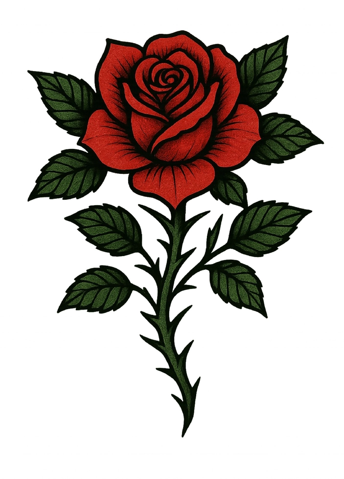 Tattoovorlage Rote Rose mit Blättern und Dornen