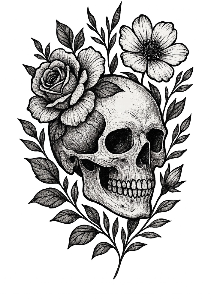 Tattoovorlage Schädel mit floralem Motiv