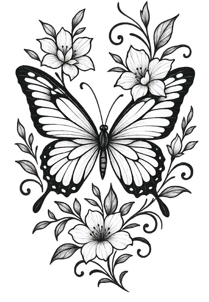 Tattoovorlage Schmetterling mit floralen Elementen für Frauen