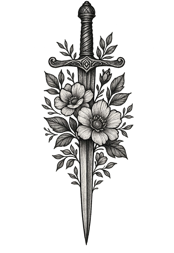 Tattoovorlage Schwert mit floralen Mustern