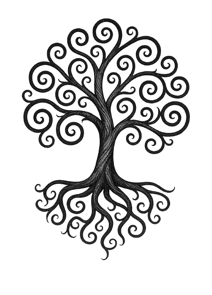 Tattoovorlage Spiralförmiger Baum mit Wurzeln für Oberschenkel