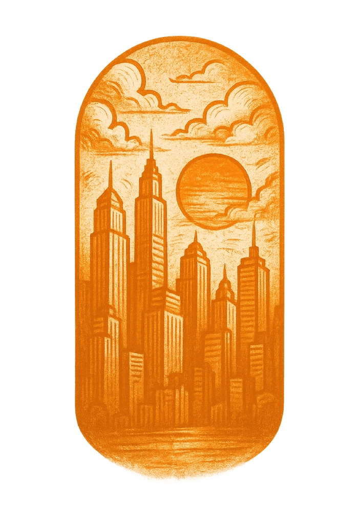 Tattoovorlage Stadtansicht mit Wolkenkratzern und Sonnenuntergang