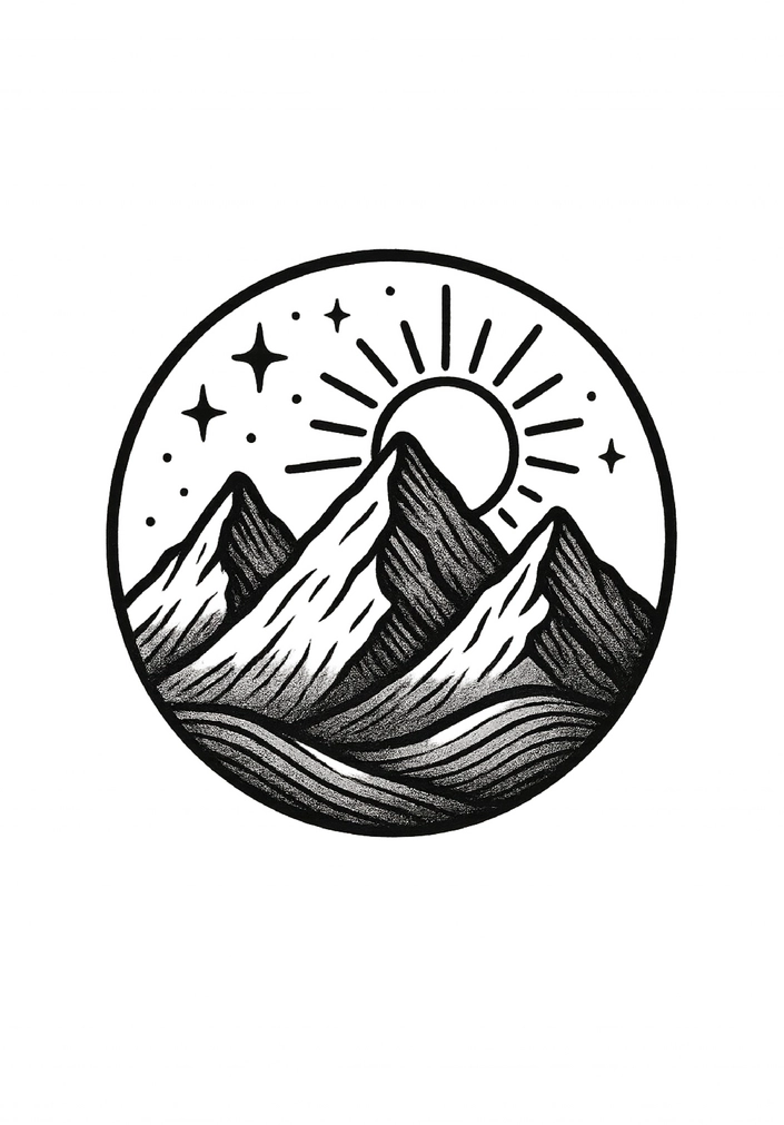 Tattoovorlage stilisierte Berglandschaft mit Sonne und Sternen