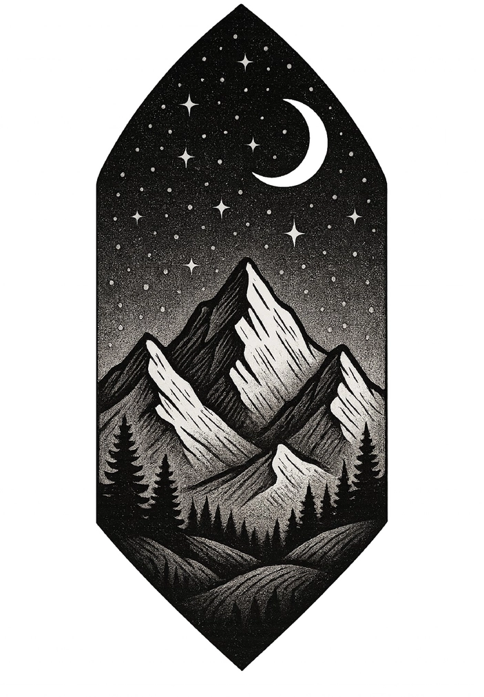Tattoovorlage stilisierte Berglandschaft mit Sternenhimmel