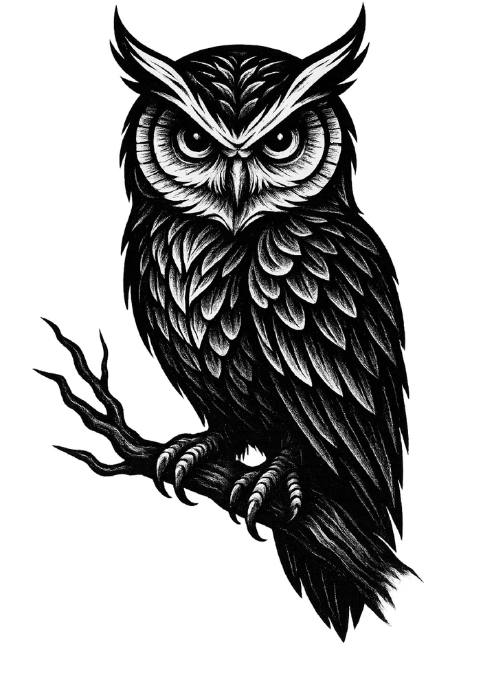 Tattoovorlage stilisierte Eule auf einem Ast schwarz-weiß