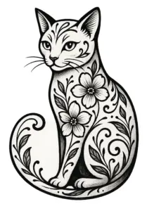 tattoovorlage-stilisierte-katze-mit-blumenornamenten