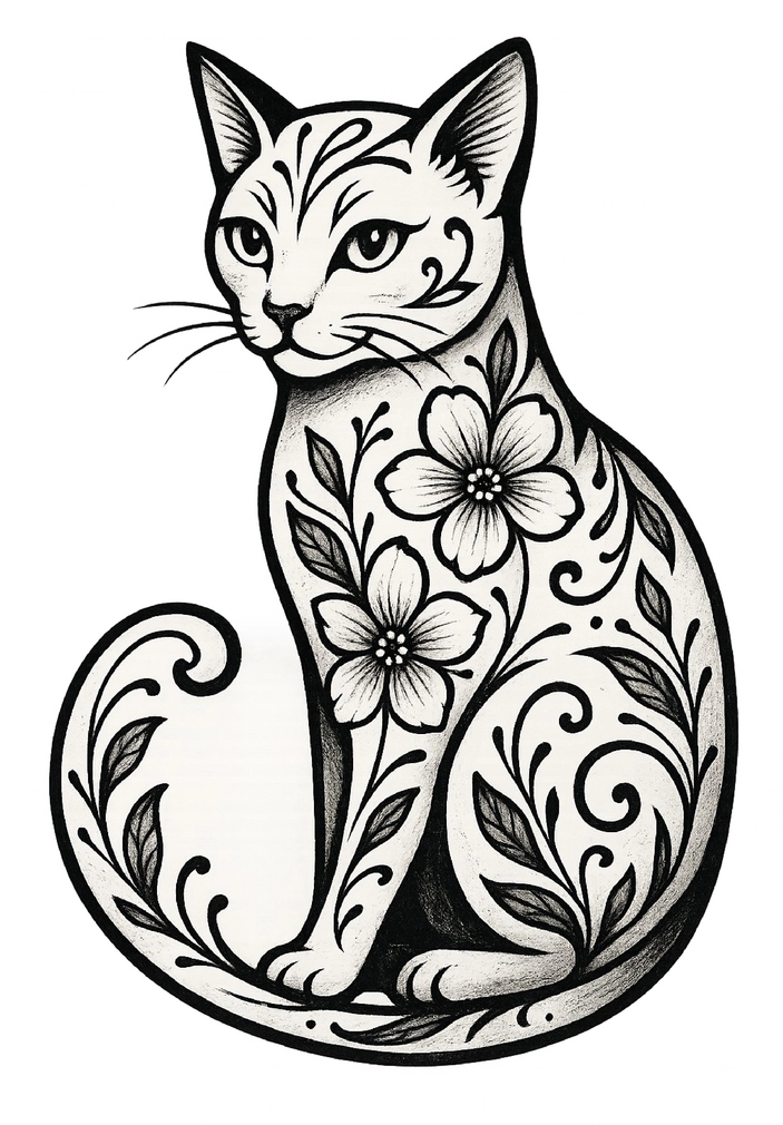 Tattoovorlage stilisierte Katze mit Blumenornamenten