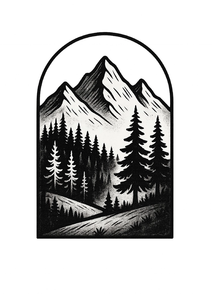 Tattoovorlage stilisierte Landschaft mit Bäumen und Berggipfeln