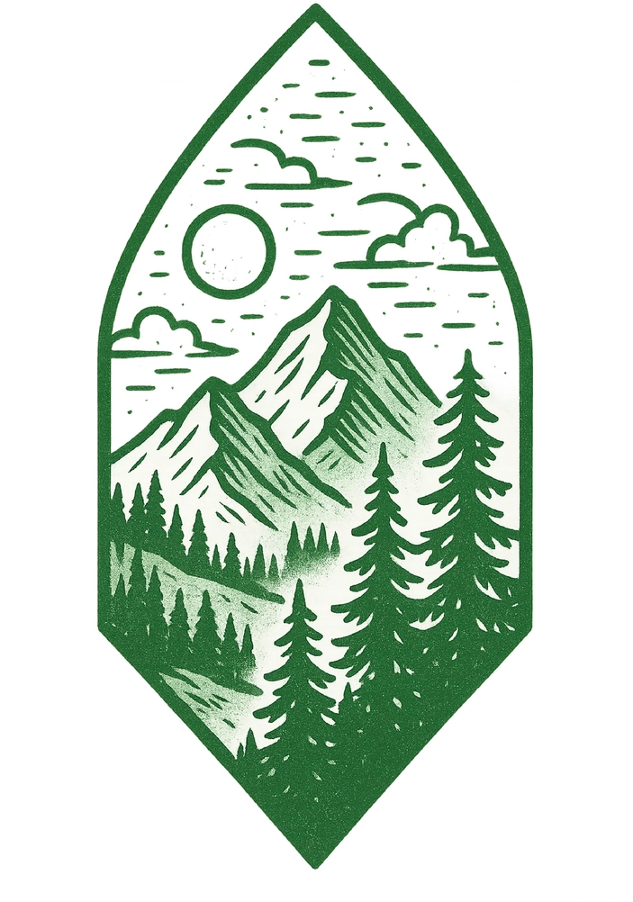 Tattoovorlage stilisierte Landschaft mit Bergen und Bäumen