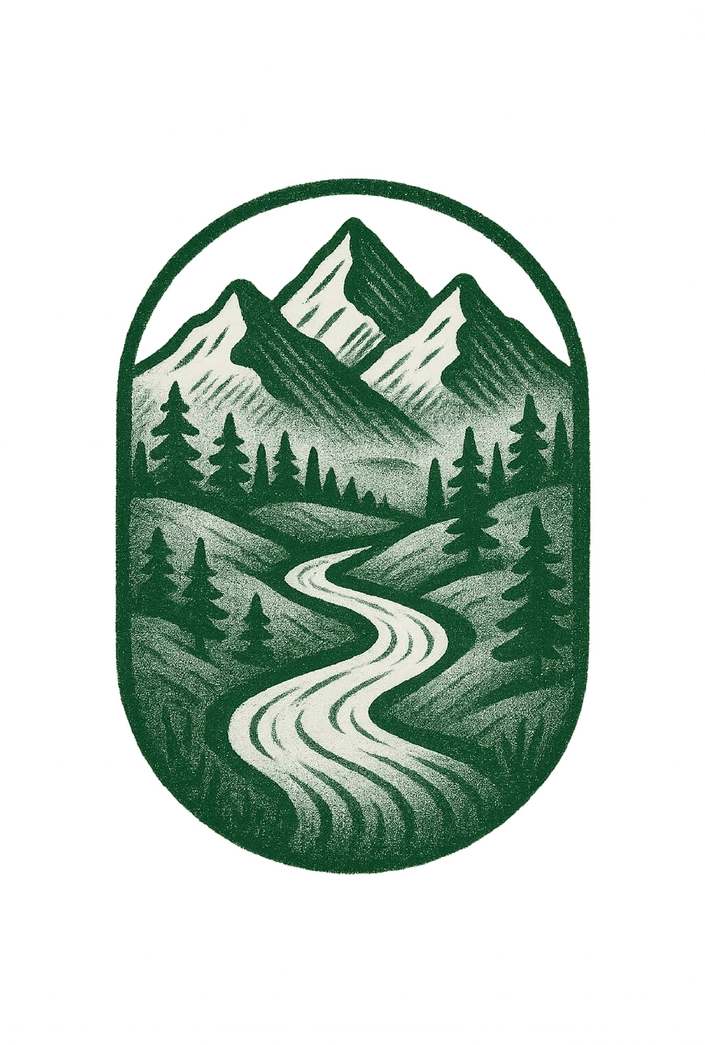 Tattoovorlage stilisierte Landschaft mit Fluss und Bergen