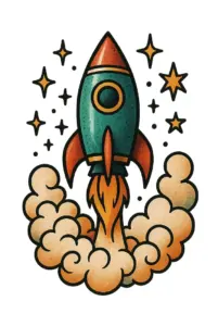 tattoovorlage-stilisierte-rakete-mit-rauchwolken-und-sternen