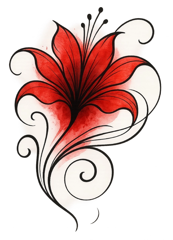 Tattoovorlage stilisierte rote Blume mit geschwungenen Linien