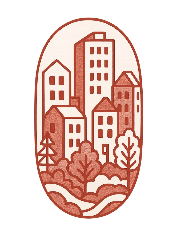Tattoovorlage stilisierte Stadtlandschaft mit Gebäuden und Bäumen