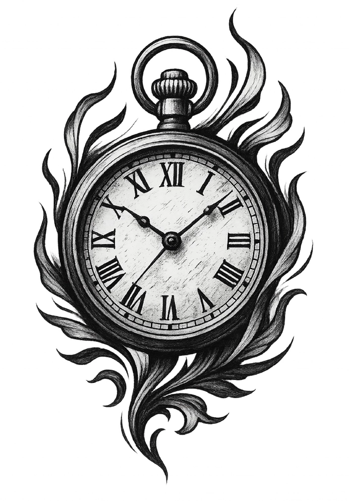 Tattoovorlage stilisierte Uhr mit römischen Ziffern und Flammen