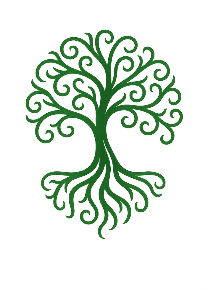 Tattoovorlage stilisierter Baum mit geschwungenen Ästen und Wurzeln