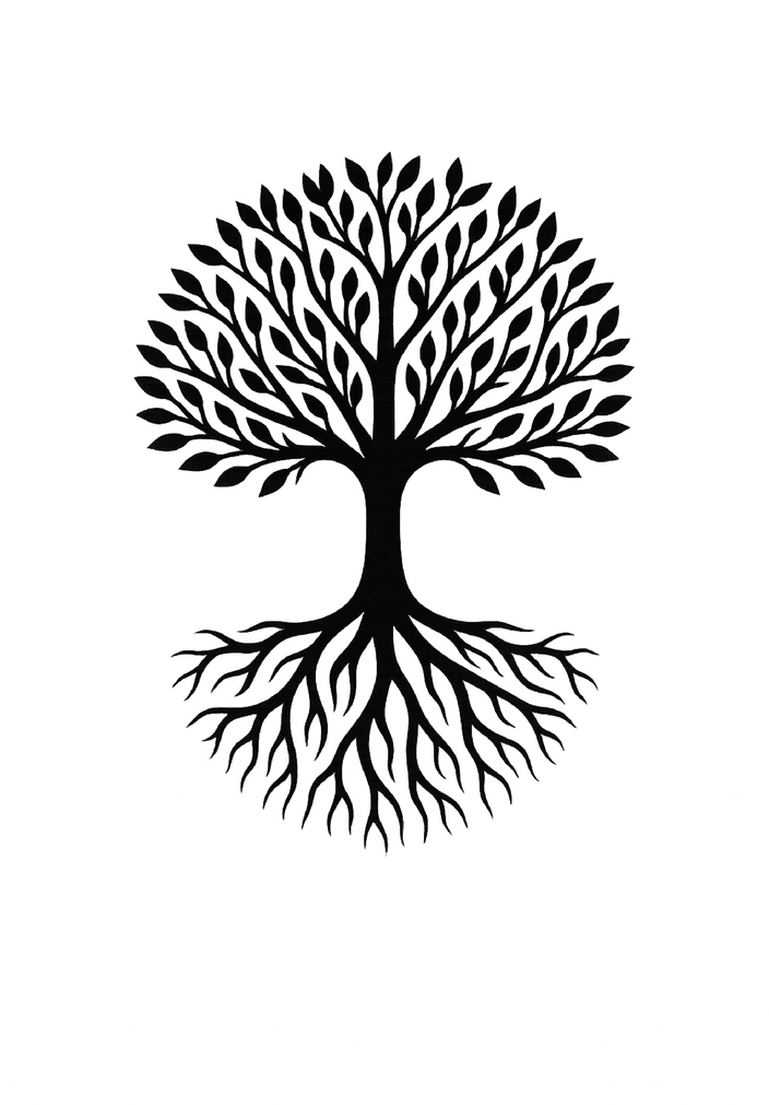 Tattoovorlage stilisierter Baum mit tiefen Wurzeln für Nacken & Hals