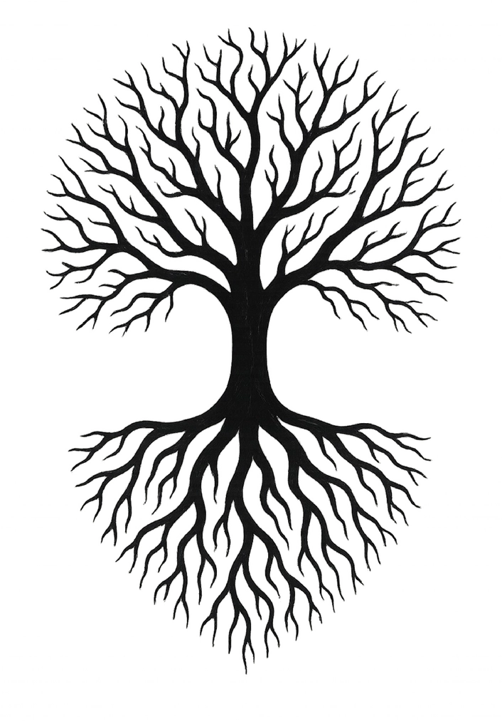 Tattoovorlage stilisierter Baum mit verworrenen Wurzeln