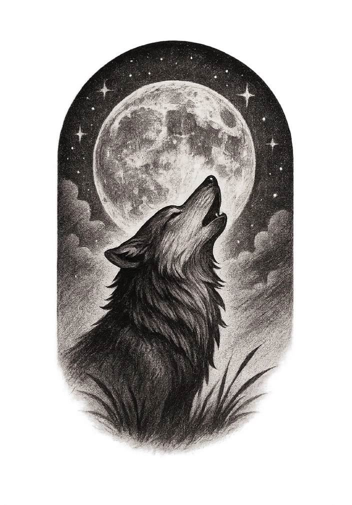 Tattoovorlage stilisierter Wolf im Mondschein