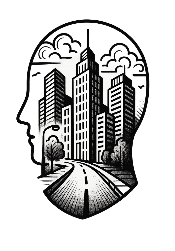 Tattoovorlage stilisiertes Gesicht urbaner Wolkenkratzer