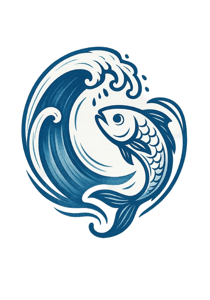 Tattoovorlage stilisiertes Wellenmotiv mit Fisch