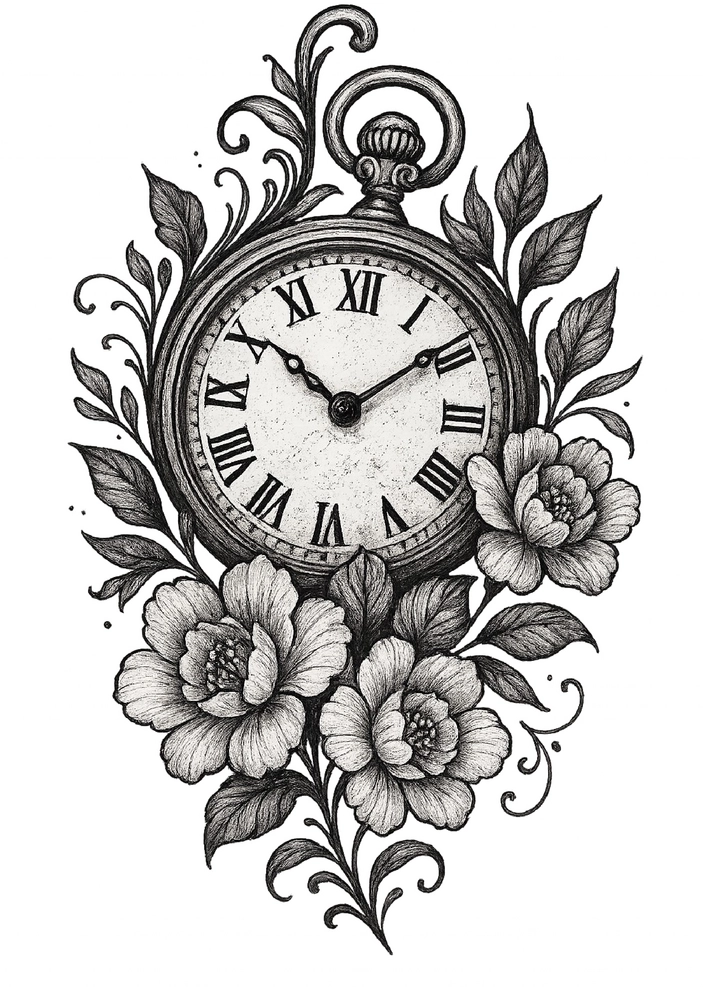 Tattoovorlage Uhr mit floralen Mustern und römischen Zahlen
