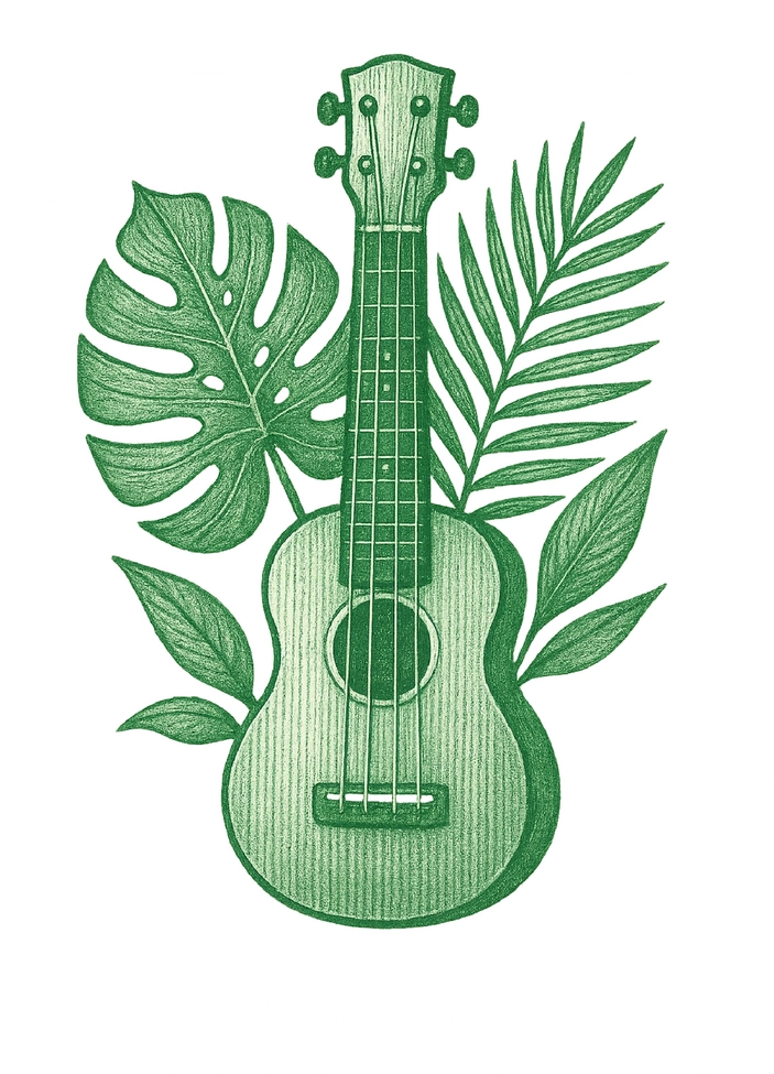 Tattoovorlage Ukulele mit tropischen Blättern für Musikliebhaber