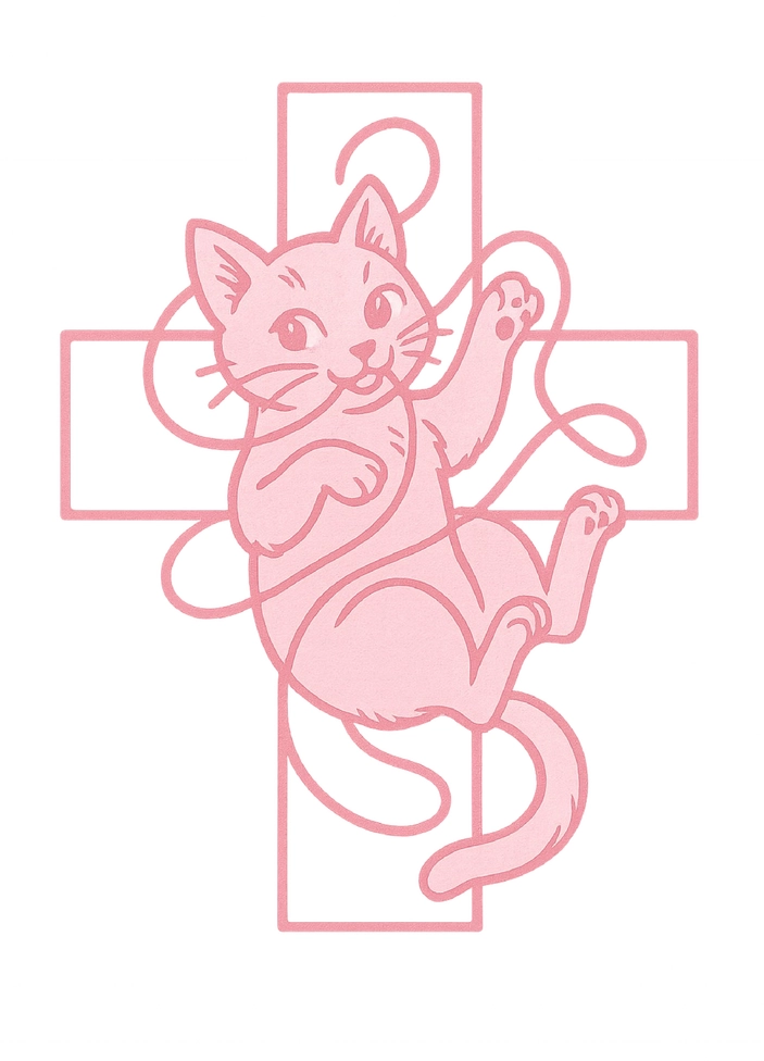 Tattoovorlage verspielte Katze mit Schnur im Kreuz