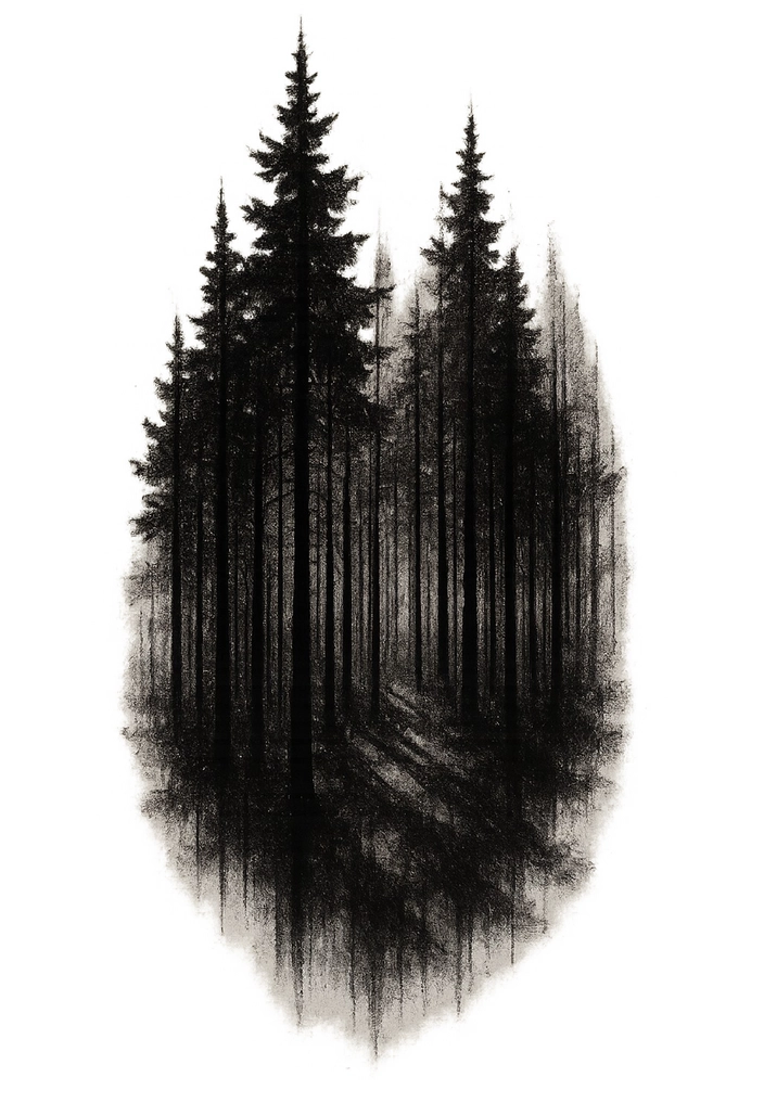 Tattoovorlage Wald mit hohen Bäumen Schwarz-Weiß