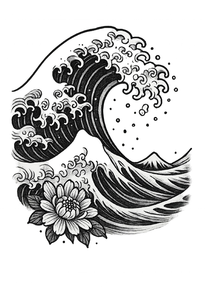 Tattoovorlage Welle und Lotusblume im japanischen Stil