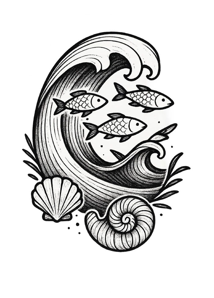 Tattoovorlage Welle mit Fischen und Muscheln