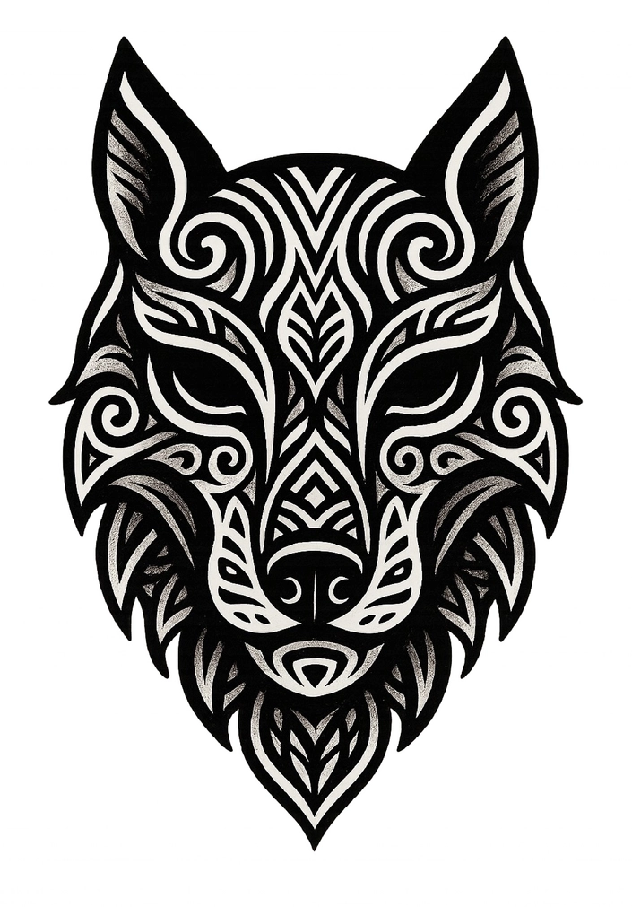 Tattoovorlage Wolf mit abstrakten Mustern und starken Linien