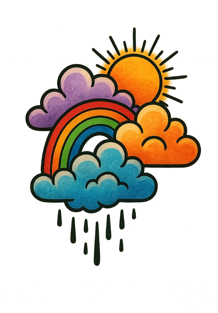Tattoovorlage Wolkenformation mit Regenbogen und Sonne