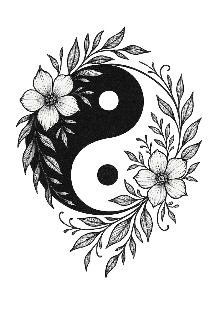 Tattoovorlage Yin-Yang mit floralen Details