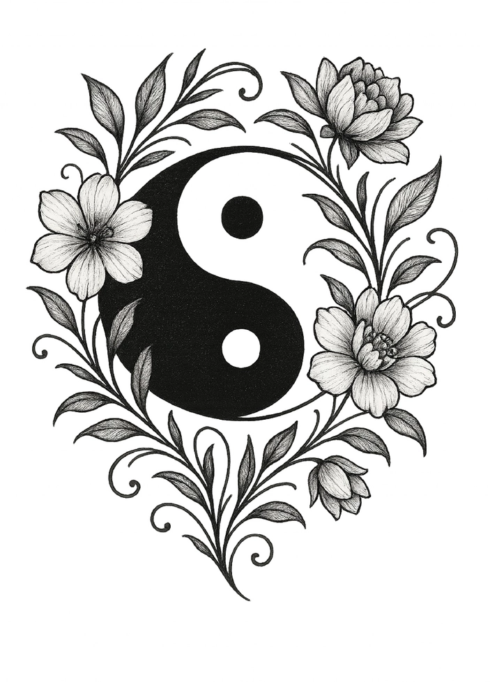 Tattoovorlage Yin-Yang mit floralen Elementen