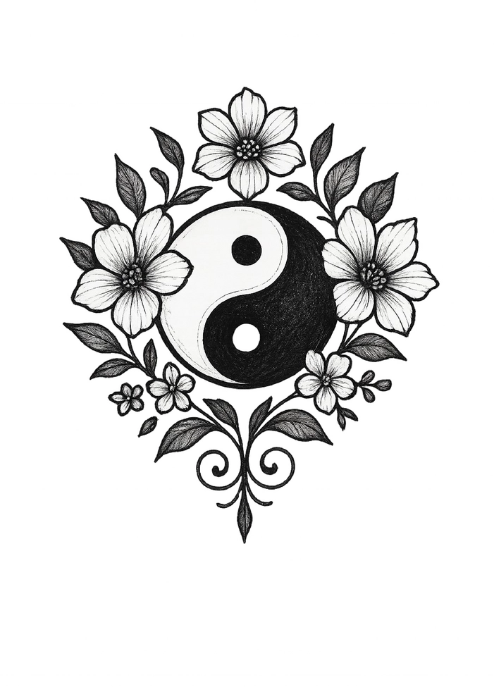 Tattoovorlage Yin-Yang-Symbol mit floralen Akzenten